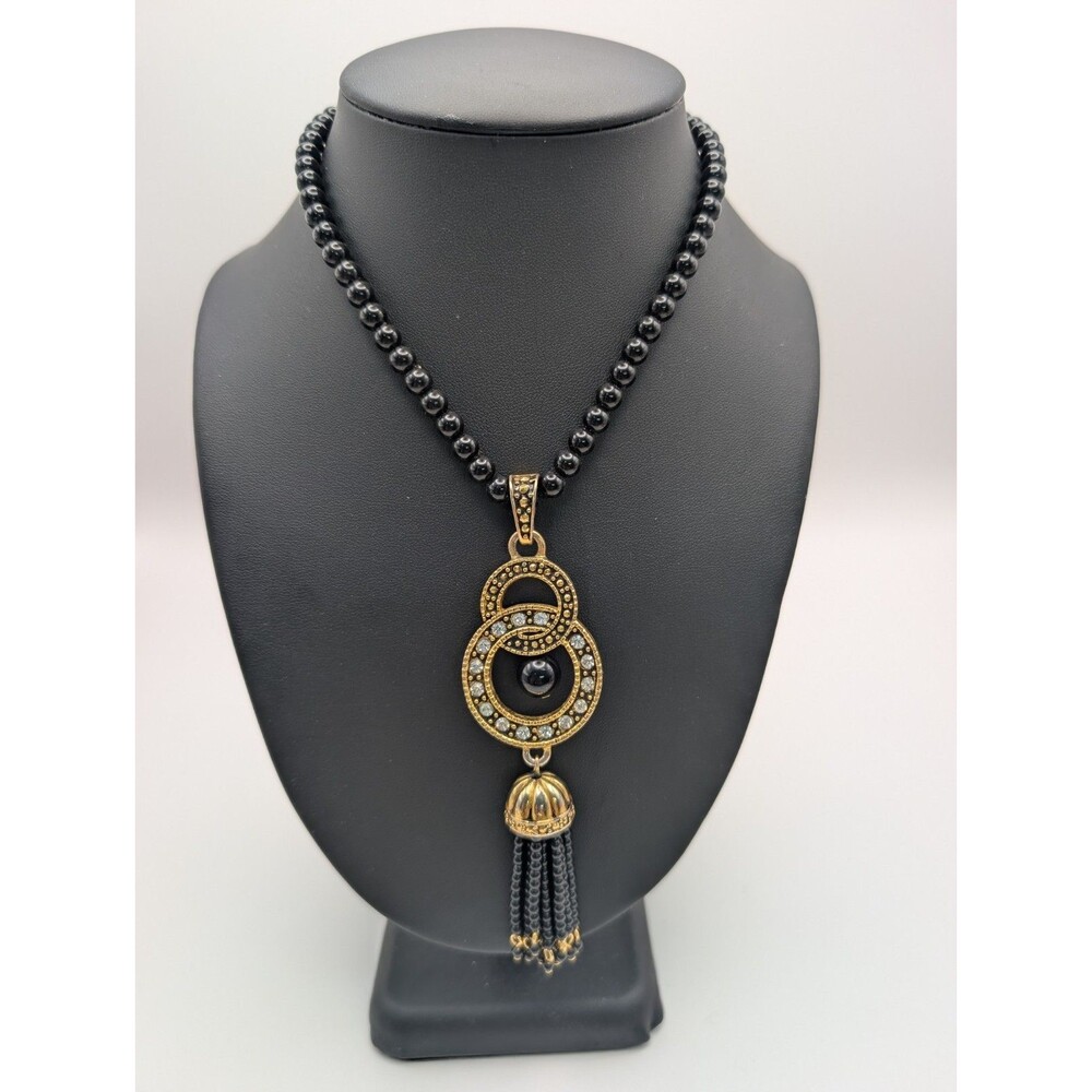 Vintage Avon WN Gold Tone Black Bead Rhinestone Etruscan Deco Tassel Necklace